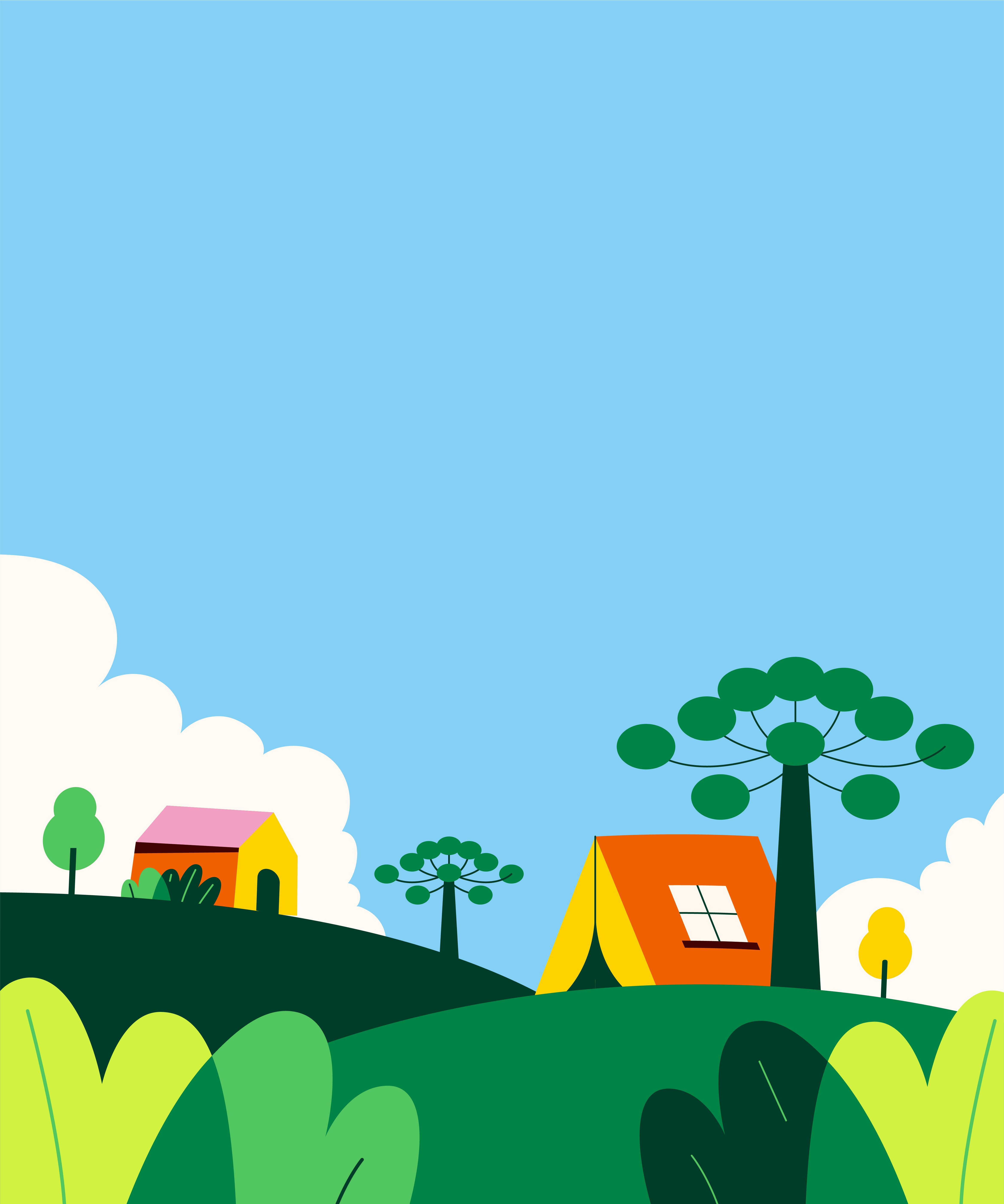 Ilustração de colinas verdes com casas coloridas, barraca e araucárias sob céu azul